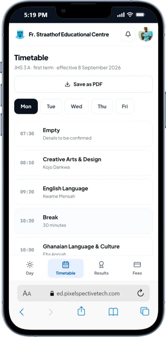 EduControl timetable screen on a phone: The week's timetable, downloadable as a PDF.